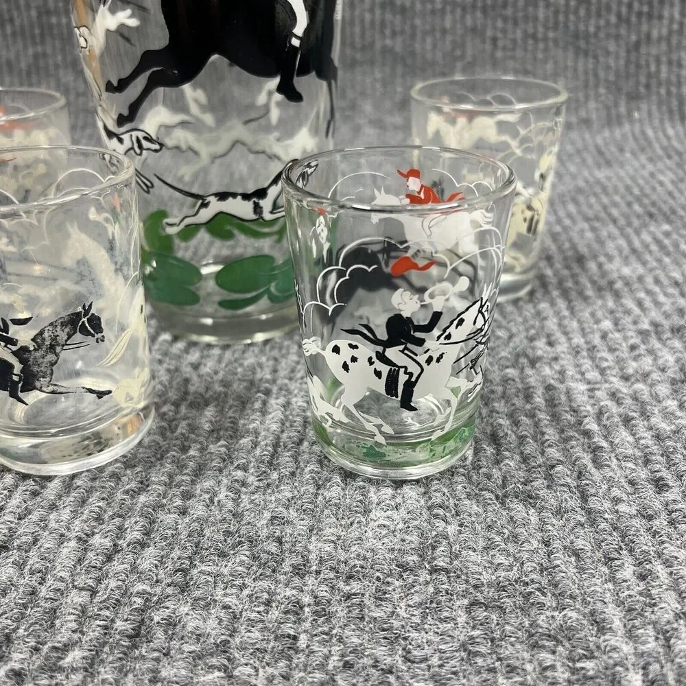 VTG HAZEL‎ ATLAS Glass Fox Hunt Tally Ho Cocktail Martini Shaker & Shot Glasses